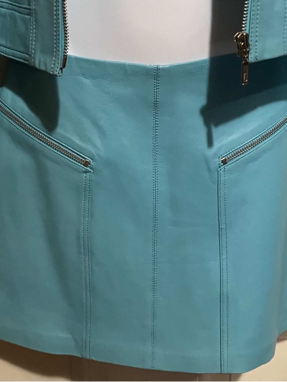 Y2K Cache Turquoise Leather Moto Jacket & Mini Skirt Set | Genuine Leather | - Picture 11 of 12